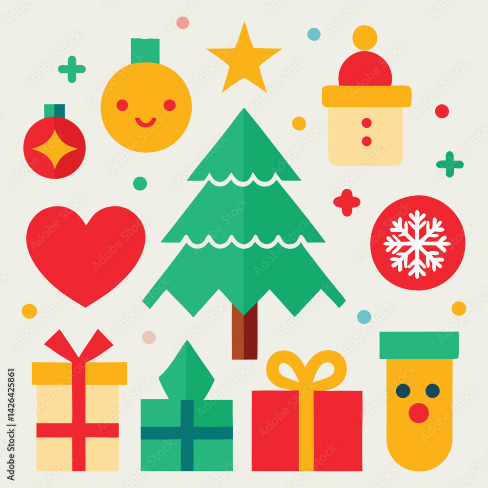 Festive Christmas Tree and Decoration Bundle: bell, tree, light, gift, read hart,