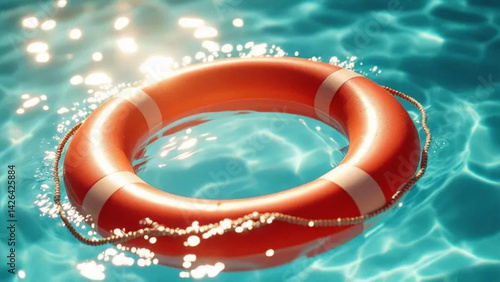Red lifebuoy in the swimming pool. Close up. 