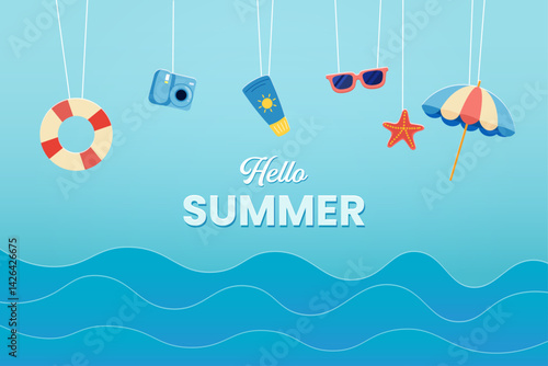 Hello summer with decoration origami hanging on the sky background. Paper art and craft style. Vector illustration of life ring, camera, sunscreen, sunglasses, starfish, umbrella.