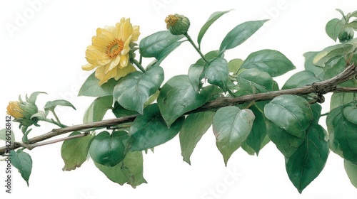 Pale yellow flowers and green leaves on a branch, watercolor painting style.