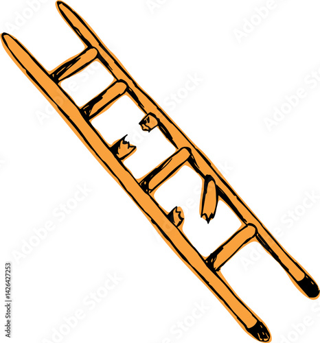 wooden orange stepladder with broken steps, sketch hand drawn with black curved lines