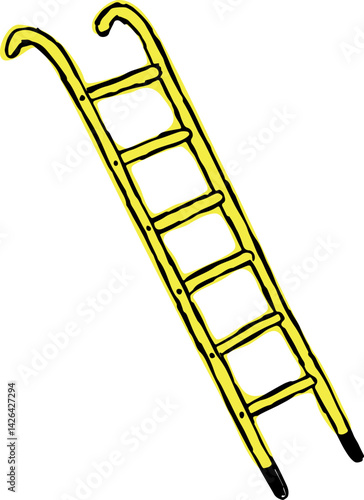 long wooden yellow stepladder with rounded ends at the top, sketch drawn by hand with black curved lines