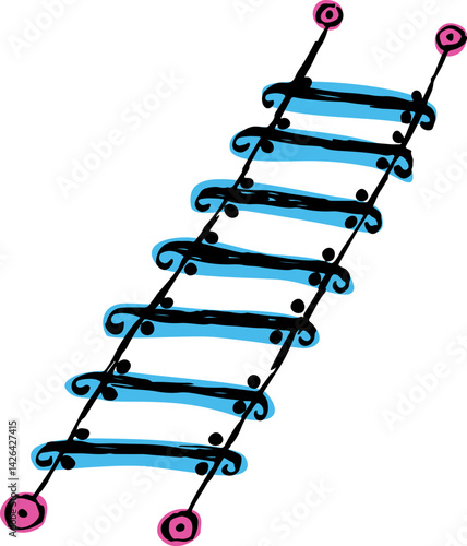 beautiful stepladder with blue steps twisted at the ends and pink elements at the ends of the stepladder, sketch hand drawn with black curved lines