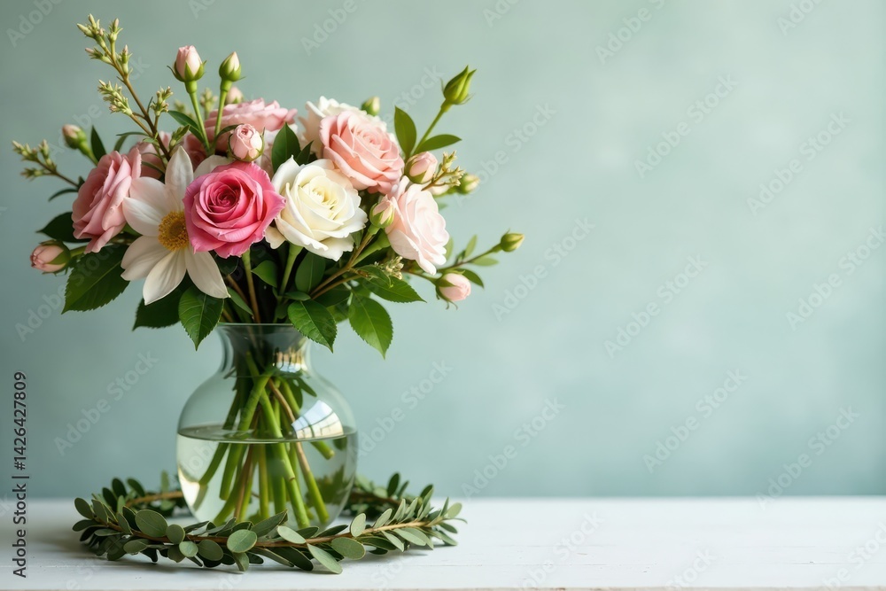 Fototapeta premium Delicate floral wreath surrounding a glass vase with greenery and flowers , greenery, flowers