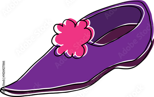 women's unusual closed purple pointed toe pump with pink pompom hand painted with black curved lines