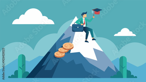 A visual representation of a student loan mountain being conquered by a financial advisor symbolizing overcoming debt with their expertise.. Vector illustration