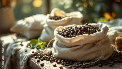 Coffee beans in linen bags on the wooden table. 