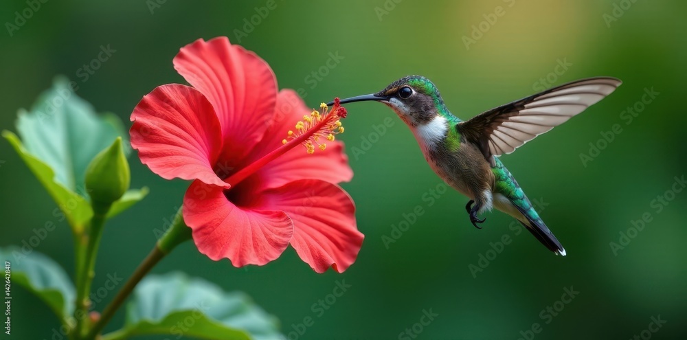 Naklejka premium Delicate hummingbird-like creature perched on a hibiscus flower stem, beautiful, garden