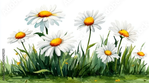White daisies in lush green grass. Watercolor painting style.
