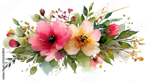 Watercolor painting of pink and yellow flowers with green leaves on white background