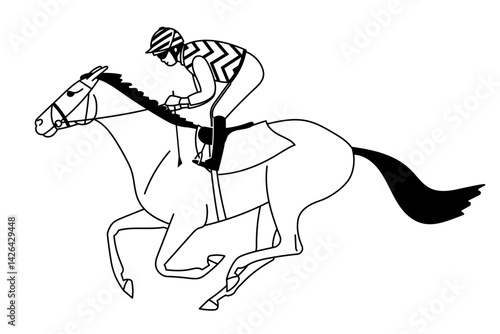 Jockey riding galloping horse in minimalist black and white line art style during a race
