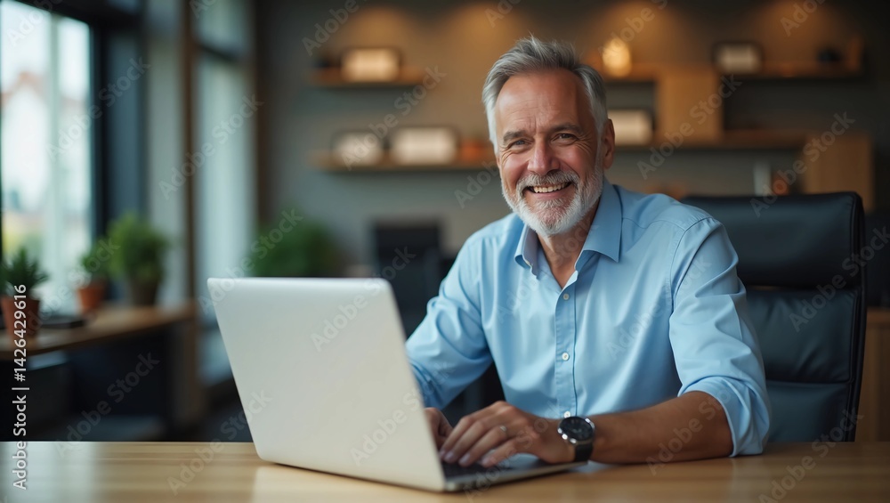 Business portrait - businessman sitting in in office working with laptop computer. Mature age, middle age, mid adult man in 50s with happy confident smile. Copy space. Business portrait - businessman sitting in in office working with laptop computer. Mature age, middle age, mid adult man in 50s with happy confident smile. Copy space.