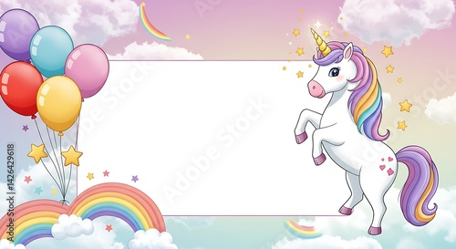 Cute Cartoon Unicorn with Balloons and Rainbow Birthday Invitation Template