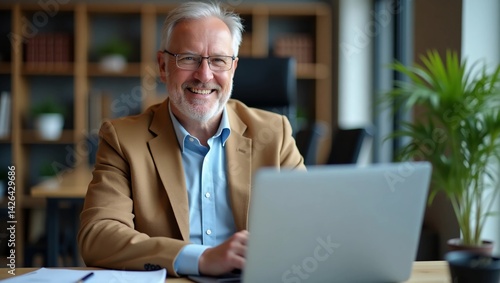 Wallpaper Mural Business portrait - businessman sitting in in office working with laptop computer. Mature age, middle age, mid adult man in 50s with happy confident smile. Copy space. Torontodigital.ca