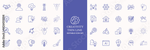 Creativity icon set. Containing inspiration, imagination, design, idea, creative, improvisation, sketching, brainstorming and more. Solid vector icons collection.