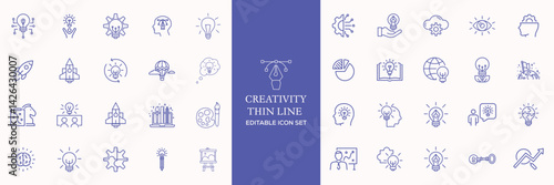 Creativity icon set. Containing inspiration, imagination, design, idea, creative, improvisation, sketching, brainstorming and more. Solid vector icons collection.