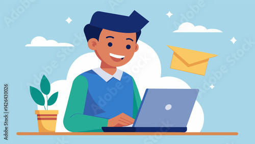 A student smiling as they receive an email confirmation of their tuition fee payment allowing them to breathe a sigh of relief.. Vector illustration
