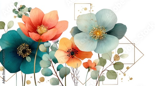 Watercolor painting of teal, orange, and peach flowers with gold accents and geometric frame.