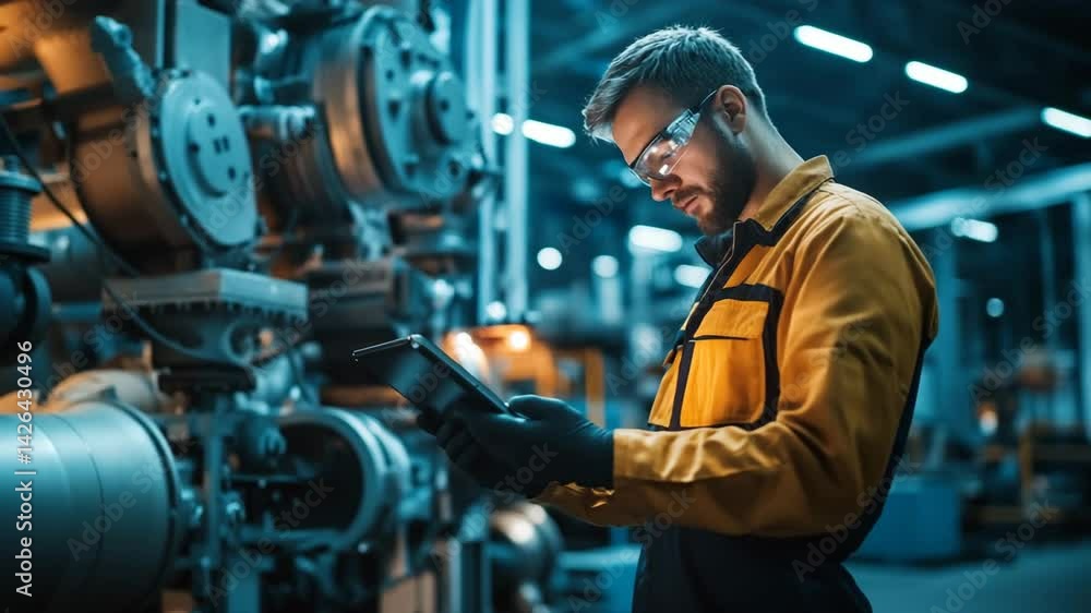 Factory worker checking data on tablet at industrial plant Factory worker checking data on tablet at industrial plant