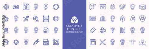 Creativity icon set. Containing inspiration, imagination, design, idea, creative, improvisation, sketching, brainstorming and more. Solid vector icons collection.