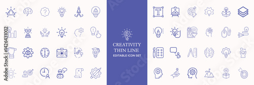 Creativity icon set. Containing inspiration, imagination, design, idea, creative, improvisation, sketching, brainstorming and more. Solid vector icons collection.