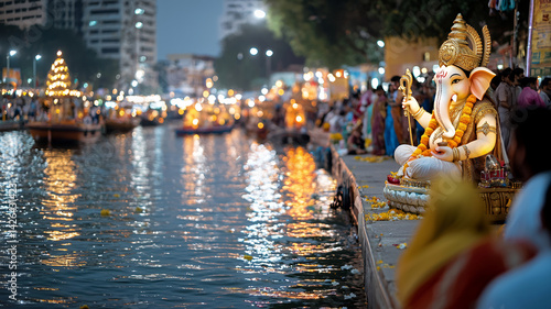 vibrant celebration featuring large statue of Lord Ganesha by waterway, surrounded by illuminated boats and festive crowds