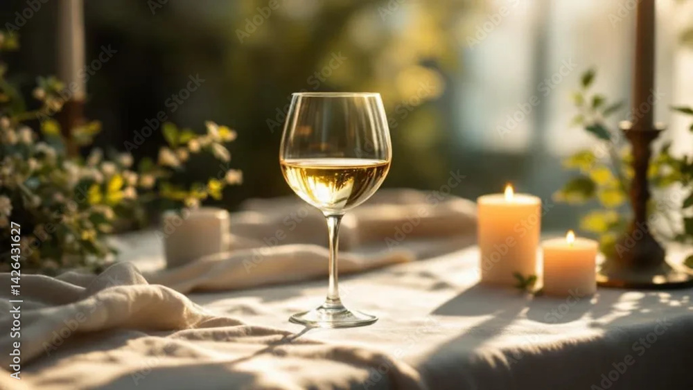 Glass of white wine on the elegant table. Close up.