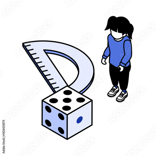 Elementary School Girl with Giant Protractor and Giant Die - Blue Monochrome