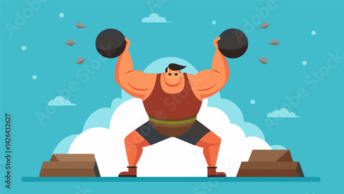 Breathing heavily in the heat a strongman heaves multiple giant boulders onto a platform his impressive feat showcasing his power in the Summer. Vector illustration