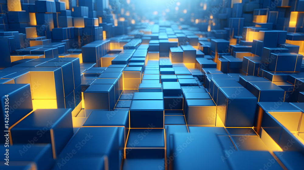 Fototapeta premium 3d rendering of yellow and blue abstract geometric background. Scene for advertising, technology, showcase, banner, game, sport, cosmetic, business, metaverse. Sci-Fi Illustration. Product display