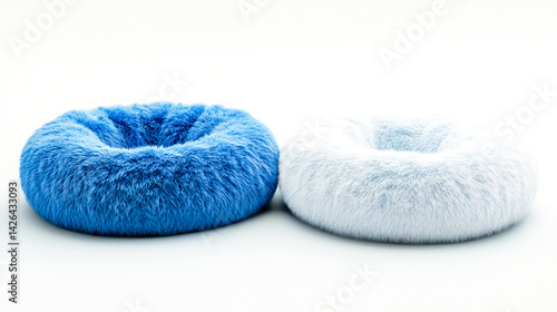 Two different fur colors of round dog bed light blue, sky blue, and white, on a white background1
