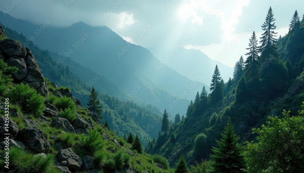 Fototapeta premium Dense forest landscape with rugged terrain and misty atmosphere, earthy tones, mountains