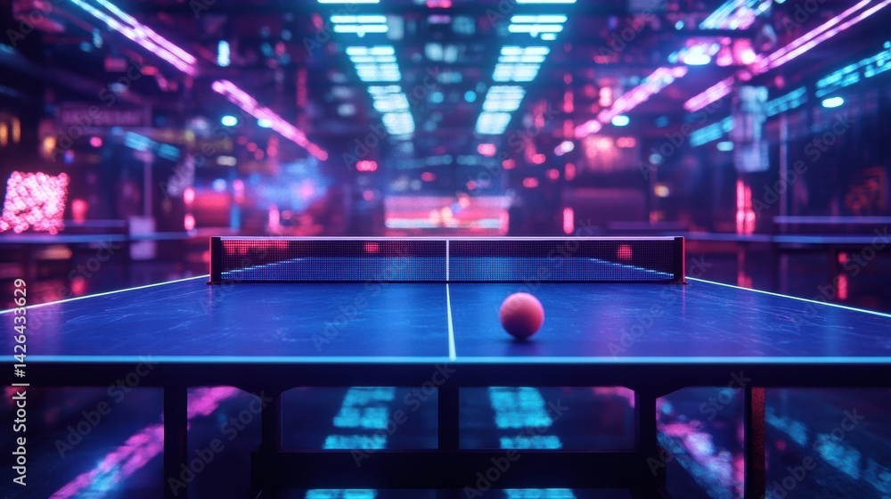 A vibrant, neon-lit ping pong table set in an energetic atmosphere, perfect for sports, leisure, and nightlife promotions. A vibrant, neon-lit ping pong table set in an energetic atmosphere, perfect for sports, leisure, and nightlife promotions.