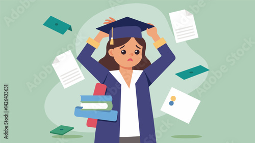 An exhausted college graduate holds up her diploma with one hand and a pile of loan statements with the other questioning if her degree was truly. Vector illustration