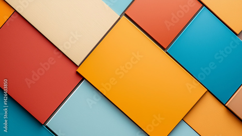 Colorful geometric shapes create vibrant and modern abstract background, featuring orange, blue, and red tones
