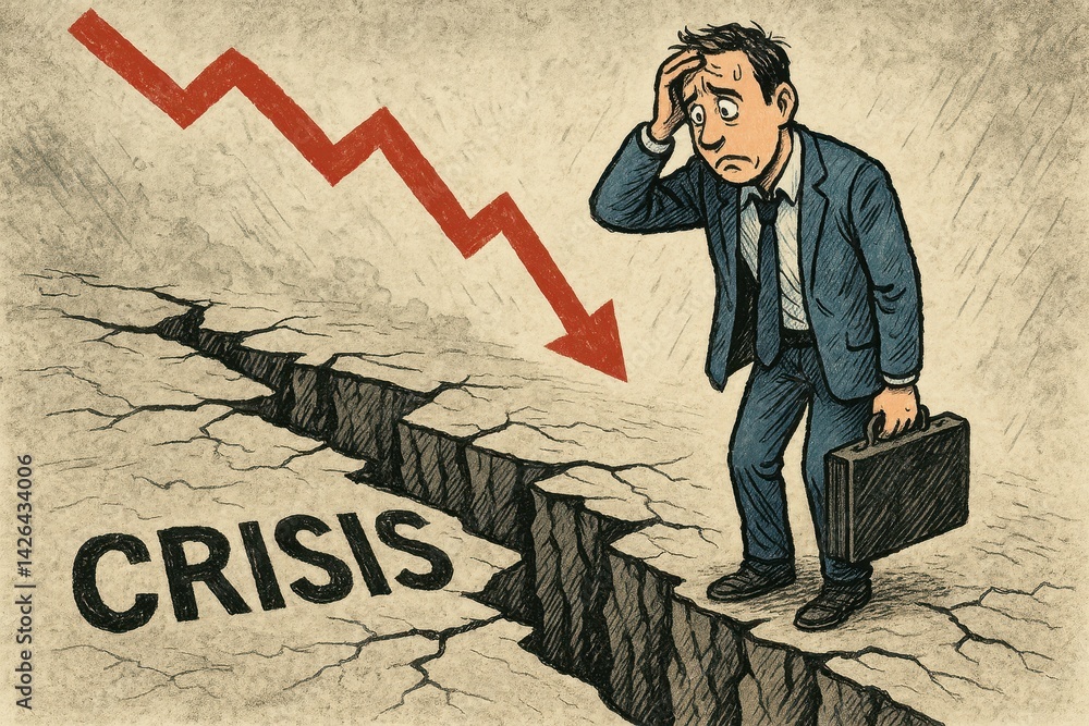 Man in Suit Representing Crisis with Declining Graph and Despair