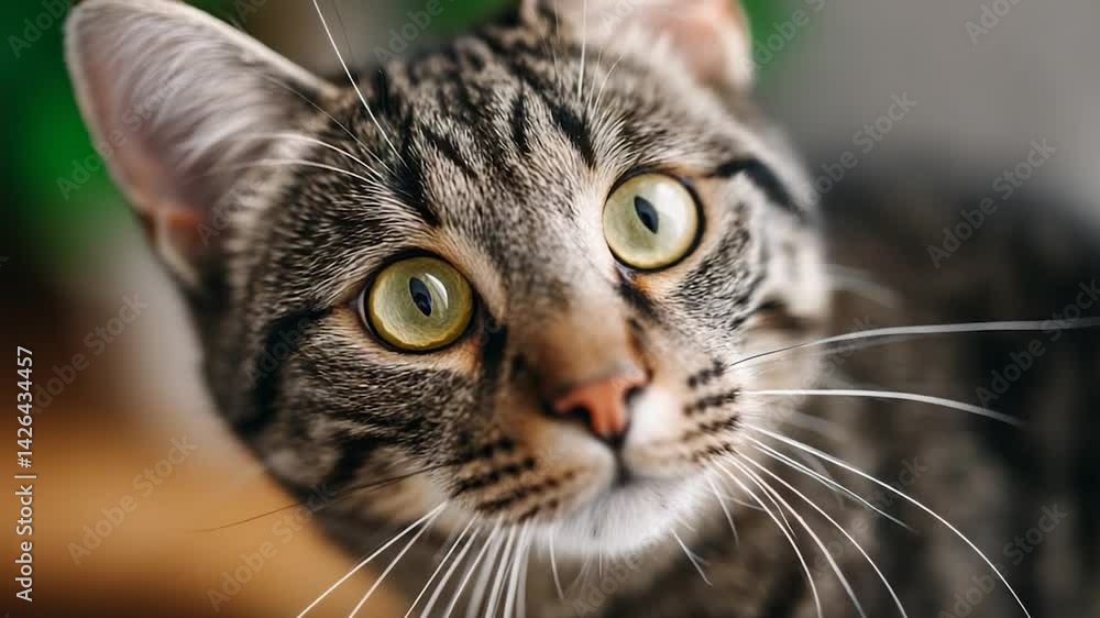 Striped tabby cat with bright eyes looks at camera closely Striped tabby cat with bright eyes looks at camera closely
