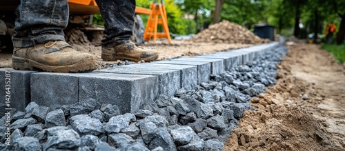 Landscaping, paving stones, construction, worker, nature