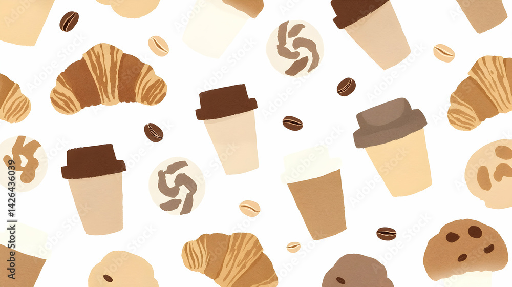Coffee, croissants, and cookies pattern; cafe background; website design Coffee, croissants, and cookies pattern; cafe background; website design