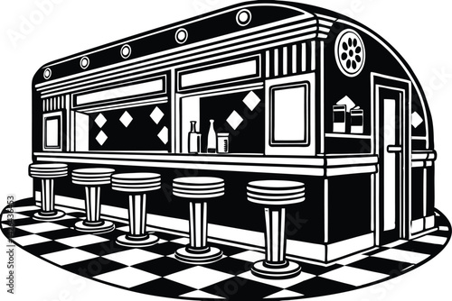 A 1950s style retro diner with neon signs, checkered floor, chrome stools, and vintage posters