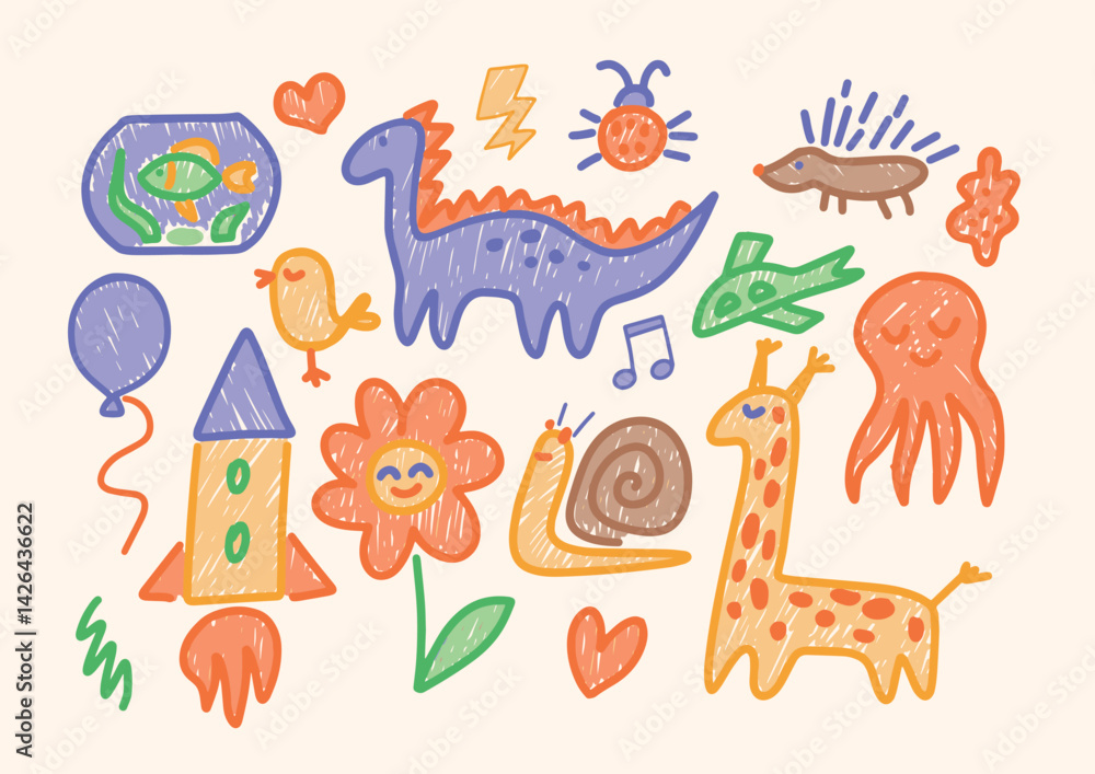 Fototapeta premium Set of hand-drawn playful doodles in colorful childlike style. Dinosaur, giraffe, rocket and flower animals andimaginative elements. Illustration for banner, social media, posters and marketing