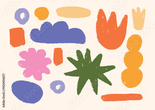 Set of Hand Drawn Abstract Color Shapes. Crayon Doodle Elements in Pink, Purple, Green, Orange. Funky Geometric Plant-Like and Organic Blobs. Vector Illustration Design