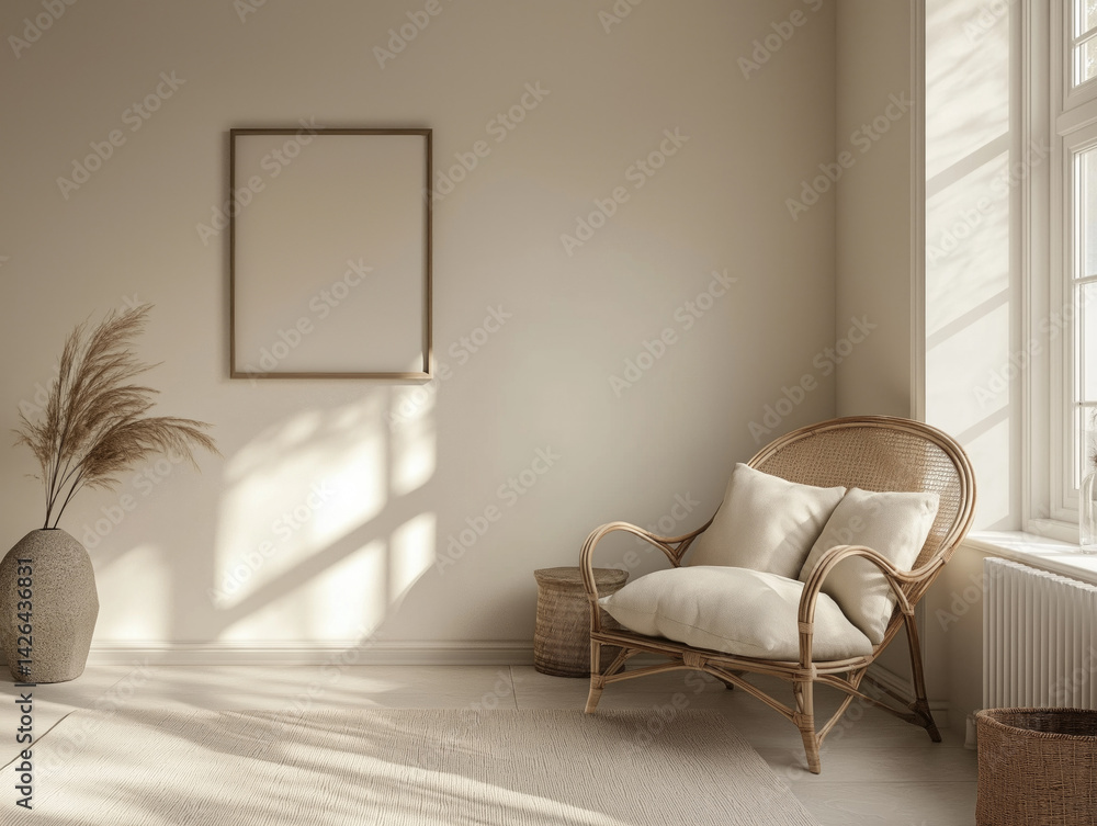 Cozy interior with rattan chair and light streaming through window