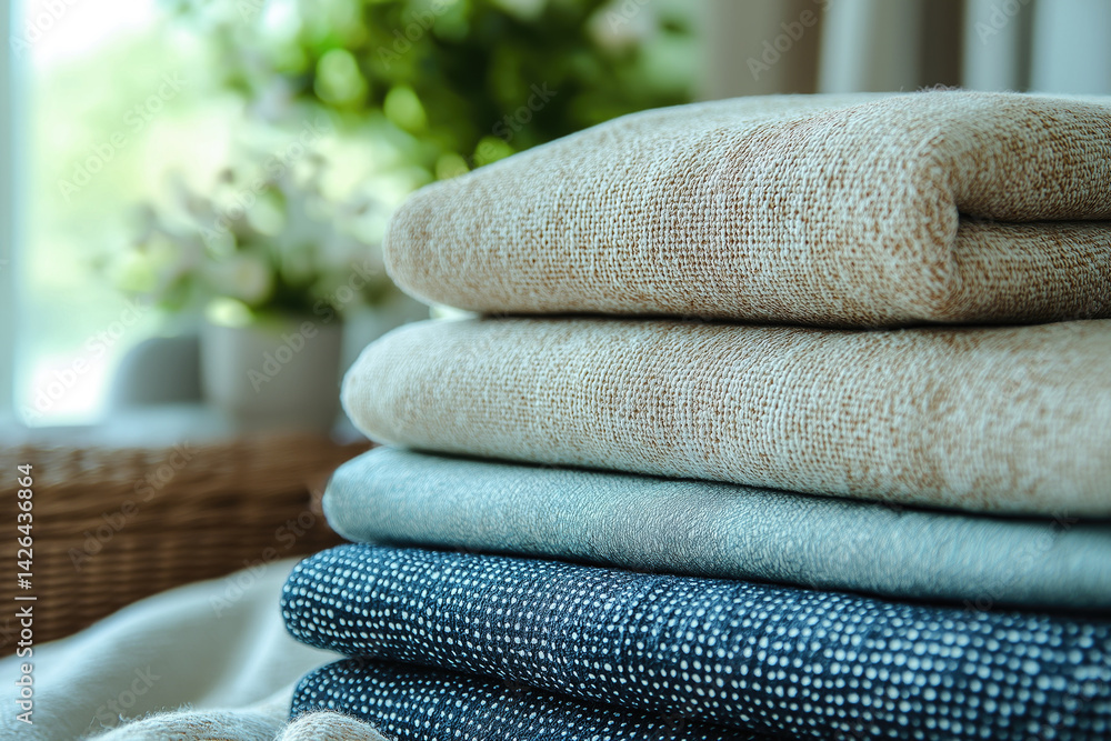 Soft and cozy folded textiles stacked on a table with natural light