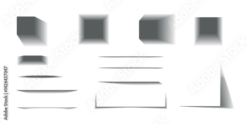 Set of Realistic Paper Shadow Effects with Curl, Fold, and Lifted Corners. Sheets and Rectangles with Soft Transparent Drop Shadows. Vector Illustration Isolated on Chequered Background.