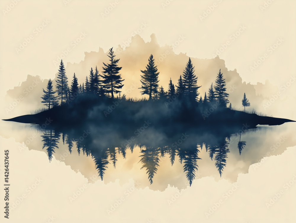 Serene forest reflections at dawn over calm water