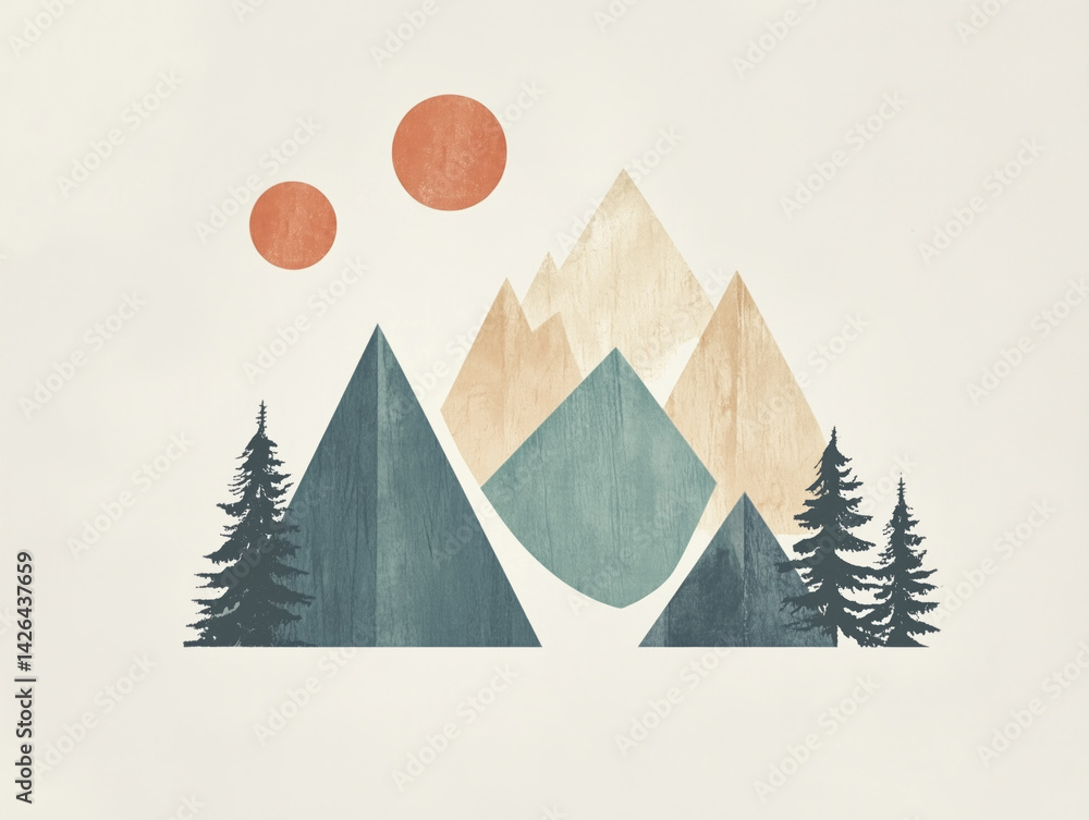 Stunning mountain landscape with geometric shapes and bright suns