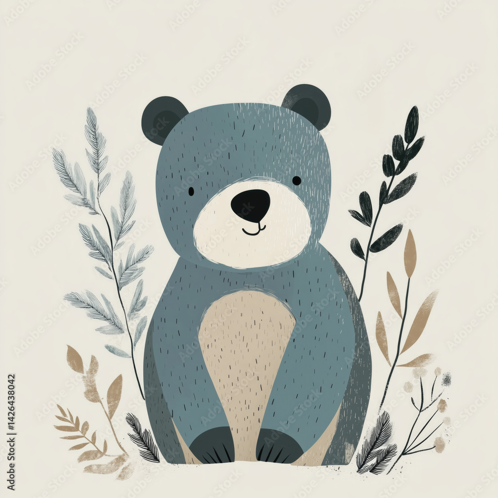Cute bear illustration surrounded by plants in a simple style