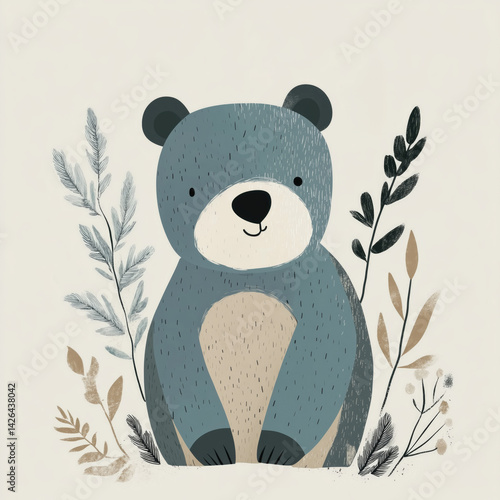 Obraz na płótnie Cute bear illustration surrounded by plants in a simple style w salonie