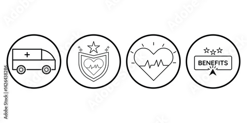 employment benefits icon set vector illustration for healthcare, protection, and workplace advantages representation.